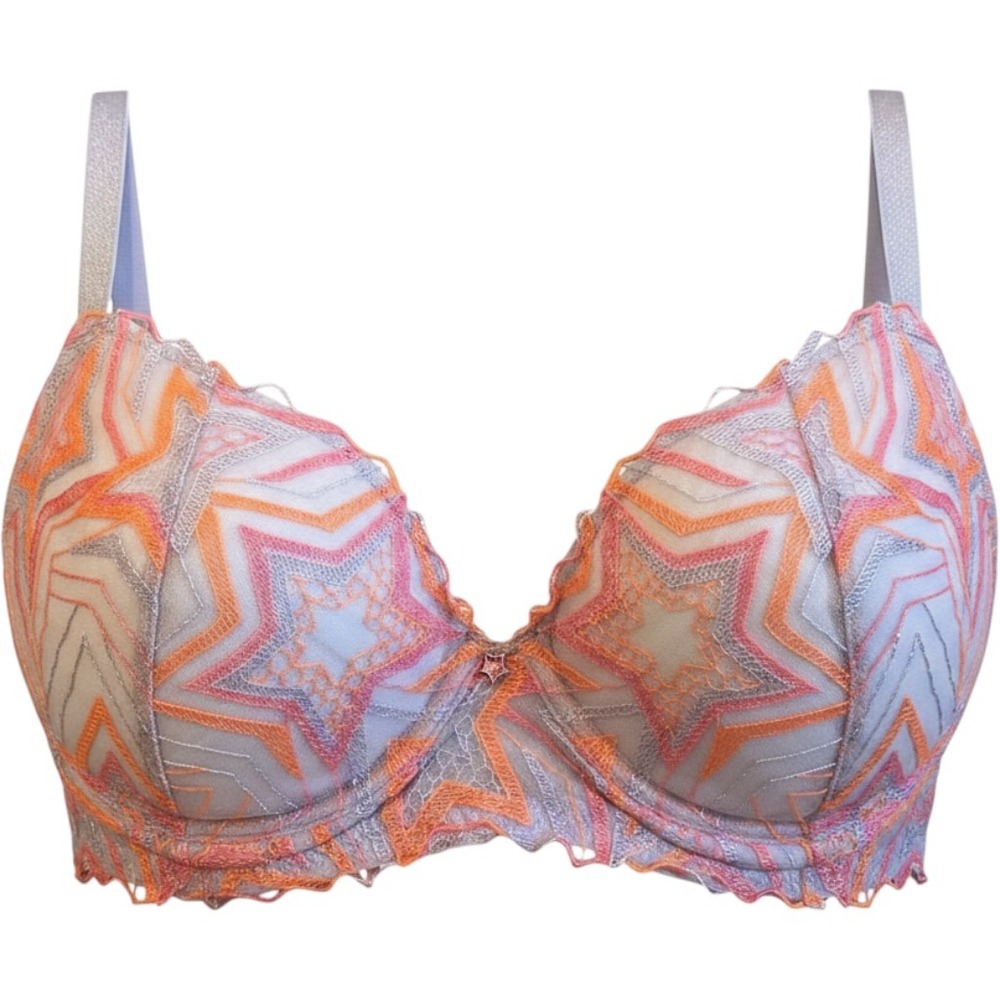 Savage X Fenty Bralette 36C Lavender Orange Pink Star Embroidered Mesh Underwire